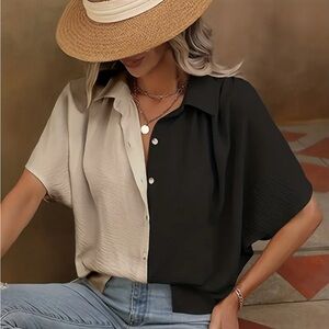Two-Tone Black & Cream Oversized Button Up Blouse